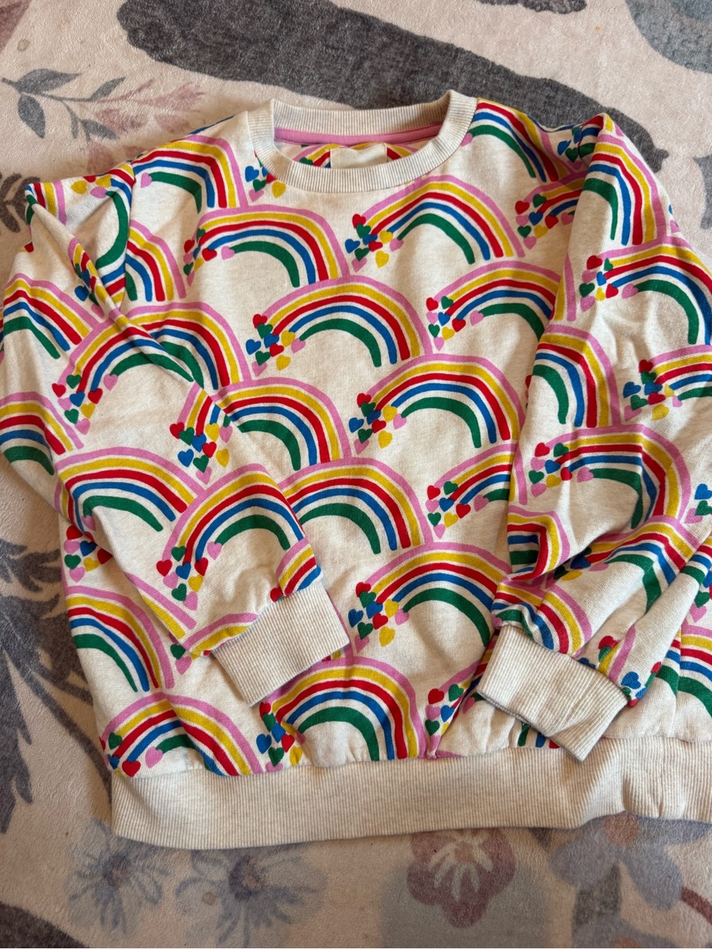 Mini Boden Cream Sweatshirt with Rainbow Heart Print